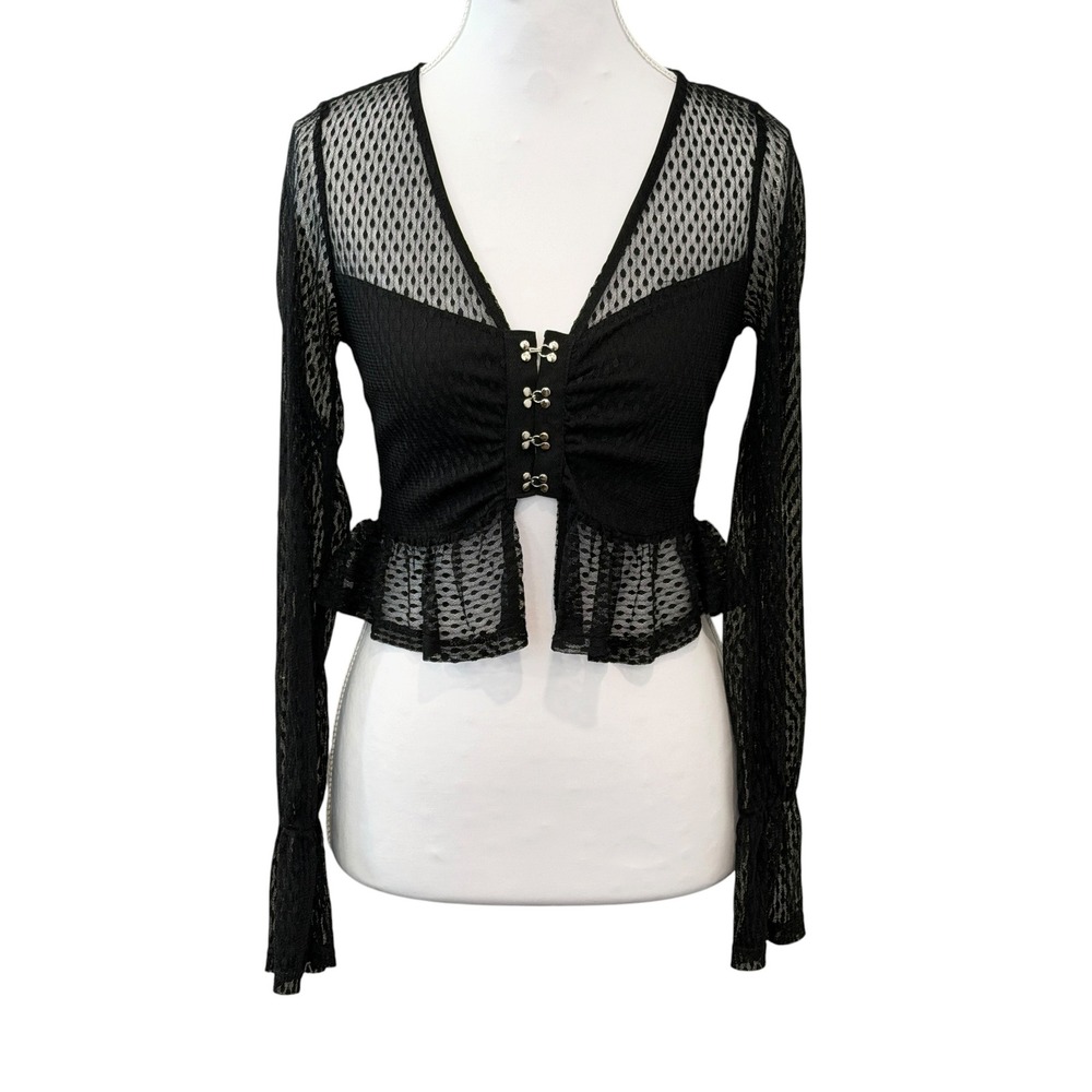 Sheer Mesh Peplum Top XS Black Ruffle Long Sleeve Victorian Vamp Romantic Goth